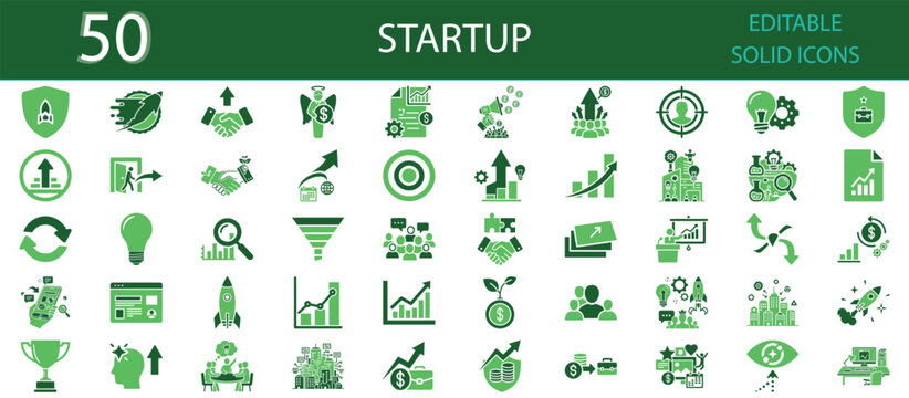 Startup solid fill icons set of 50. Editable glyph vector illustrations for business growth, innovation, idea launch, funding, teamwork, marketing, entrepreneurship, and success strategy concepts