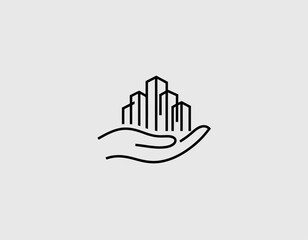 The logo represents a hand cradling a skyline silhouette, symbolizing support, growth, and urban development, ideal for real estate, architecture or community services.