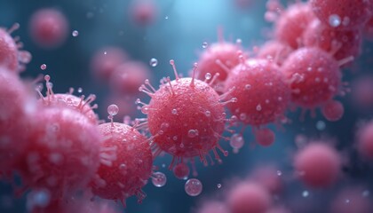 Microscopic view of pink virus particles with spike proteins. Bubbles and small spheres float around in a blue fluid. Scientific research and medical discovery context.