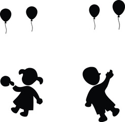 Boy and Girl Playing with Balloons Silhouette Cartoon Illustration