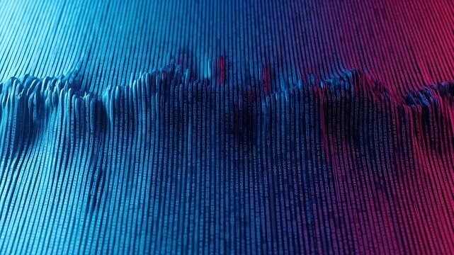 Digital Landscape Flowing with Binary Data in Blue and Red