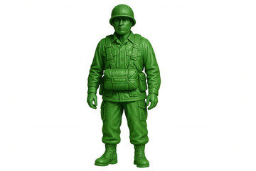 Fototapeta premium Green plastic army man standing in a military uniform, a classic children's toy, isolated on a transparent background