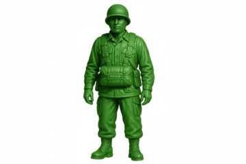 Green plastic army man standing in a military uniform, a classic children's toy, isolated on a transparent background