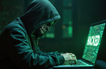 Faceless hacker in dark hoodie types on laptop displaying HACKED message. Cybercrime, data breach, illegal access on computer. Digital theft mystery concept.
