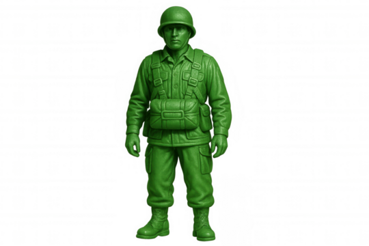 Green plastic army man standing in a military uniform, a classic children's toy, isolated on a transparent background