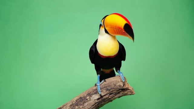 A colorful toucan perched on a branch against a green background