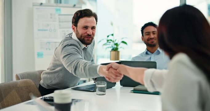 Handshake, success and meeting with business people in office for partnership, ngo funding and teamwork. Non profit project, shaking hands and deal with employees in agency for investor approval