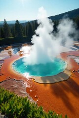 Mystical Geothermal Hot Spring Ethereal Steam and Lush Vegetation in Sunlight
