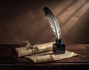 Vintage quill pen with ink bottle and old parchment scroll on wooden table