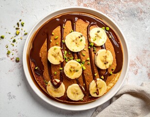 Delicious pancakes with banana slices, chocolate sauce and pistachios on plate
