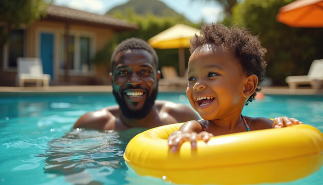 Father and son splash in bright blue pool water. Child wears yellow float ring, dad smiles near. Sunny backyard, fun summer leisure, close bonding time.