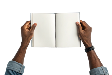 A cutout image of a person holding a blank book. Transparent image.
png. Book. Diary. Publication. For compositing, mockup.