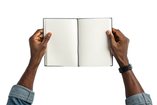 A cutout image of a person holding a blank book. Transparent image.
png. Book. Diary. Publication. For compositing, mockup.