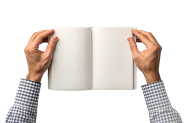 A cutout image of a person holding a blank book. Transparent image.
png. Book. Diary. Publication. For compositing, mockup.