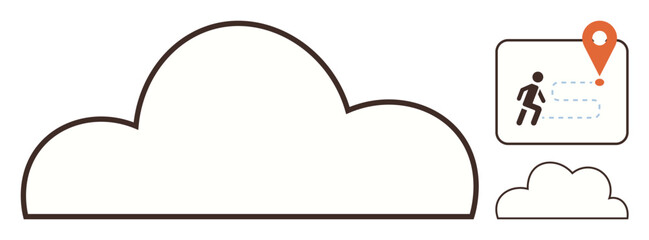 Large cloud outline paired with geolocation icon featuring running figure and dotted path. Ideal for cloud storage, connectivity, mobility, data management, navigation, location tracking, simple flat