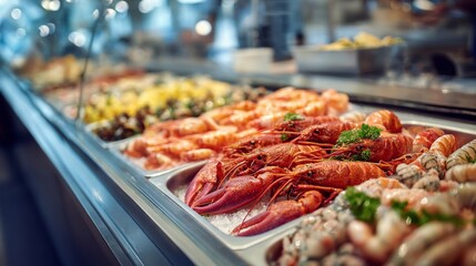 Seafood display at a bustling market featuring fresh shellfish, shrimp, and lobster, set in a vibrant atmosphere