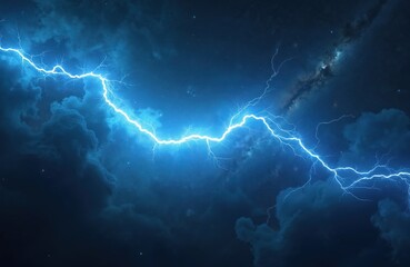 Dramatic photo shows bright lightning bolt strikes across dark, stormy sky. Electric discharge creates powerful visual, vivid energy flash. Nature element showcases electricity in a dark cloudscape