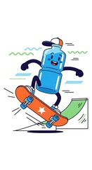 Water Bottle Skateboarder Cartoon Character Illustration.