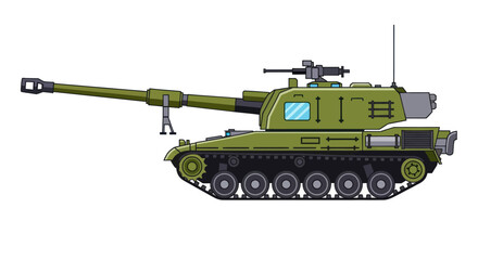Olive Green Self-Propelled Howitzer with Long Barrel and Detailed Tracks. © Rizal