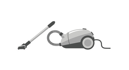 Modern gray canister vacuum cleaner with hose and floor nozzle.