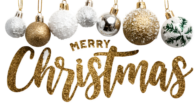 Festive Christmas lettering with golden glitter effect, snowflakes, and shiny ornaments isolated on white background