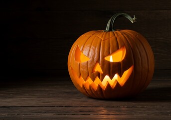 Obraz premium A spooky jack-o'-lantern with a glowing candle inside, sitting on a dark wooden surface, ready for Halloween night.
