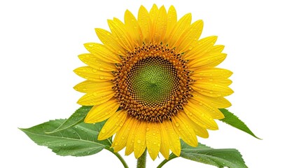 Obraz premium Bright Yellow Sunflower with Green Leaves Water Droplets