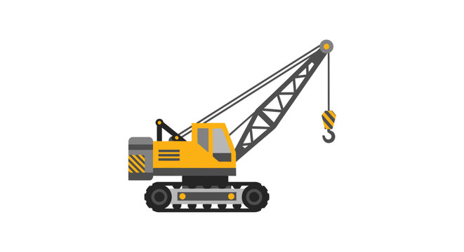 Yellow and Black Construction Crane with Hook and Tracks.