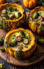 Delicious Pumpkin Bowls Filled With Creamy Soup, Sausage, and Broccoli for a Cozy Autumn Meal