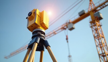Yellow survey device on tripod points towards bright sun. Construction crane stands tall against clear blue sky. Geodetic work begins on modern building site.