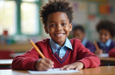 African american schoolboy at desk in classroom. Pupil writes with pencil. Smiling child at school lesson. Education concept. Happy boy student focused on learning.