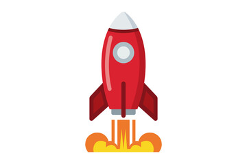 A vibrant red cartoon rocket ship launching with fiery exhaust, isolated on transparent background