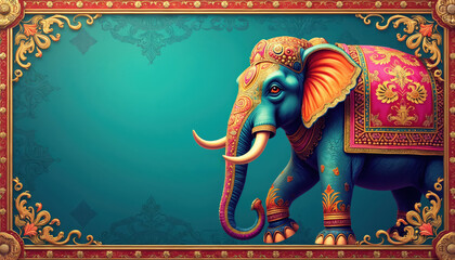 Ornate Indian elephant in gold, pink, blue attire. Traditional decorative animal with tusks walks in cultural setting. Regal ceremonial design, rich patterns, vibrant colors create festive background