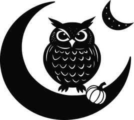 Owl And Pumpkin Combo In Crescent Moon Silhouette