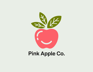 The whimsical pink apple logo features a cheerful smile, perfect for brands related to health, organic products, or children&rsquo;s items promoting joy and well-being.