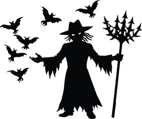 Scarecrow Holding Pitchfork With Bat Swarm Silhouette