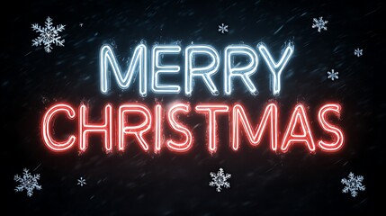 Merry Christmas text in glowing neon lights with snowflakes falling on black background