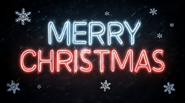 Merry Christmas text in glowing neon lights with snowflakes falling on black background - Powered by Adobe