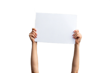 se-up of a hand holding up white paper. Cutout. Transparent. Message. Protest. Demonstration. Opinion. Statement.