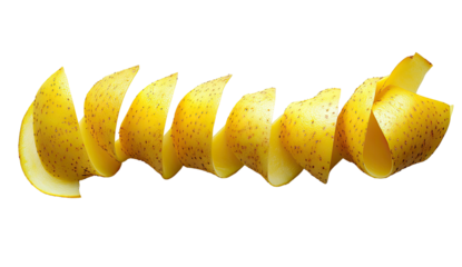 Curled potato peel, yellow skin, and brown spots over black background