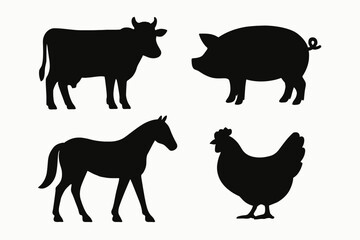 Fototapeta premium Silhouette collection of farm animals: cow, pig, horse, chicken on white background