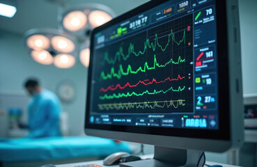 Hospital monitor displays patient vital signs data heart rate, blood pressure, oxygen level. Advanced medical tech shows health graphs. Doctor works in operating room, providing critical care, modern