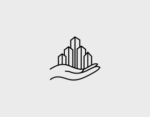 The image illustrates a minimalist line drawing of a hand holding urban skyscrapers, representing support for sustainable city development and future growth.