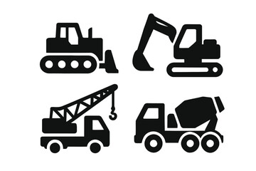 Naklejka premium Silhouette icons of construction vehicles: bulldozer, excavator, crane truck, cement mixer
