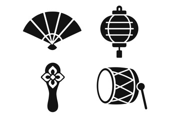 Cultural symbols: asian fan, lantern, ornament, and drum silhouettes