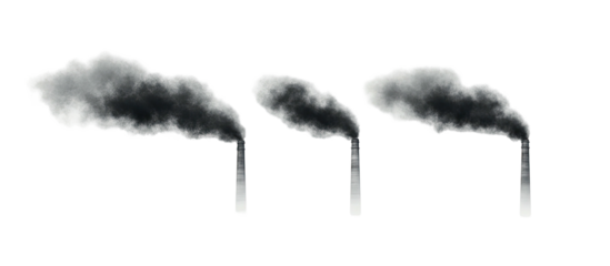 Three smokestacks with dark smoke plumes against a stark black background