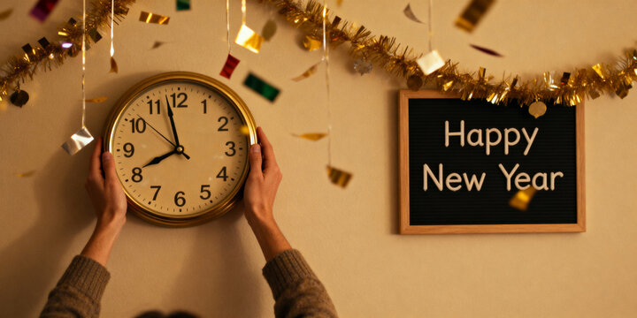 Hands holding a wall clock approaching midnight beside a Happy New Year sign and golden confetti, symbolizing anticipation, the passage of time, and the emotional countdown to new beginnings. - Powered by Adobe