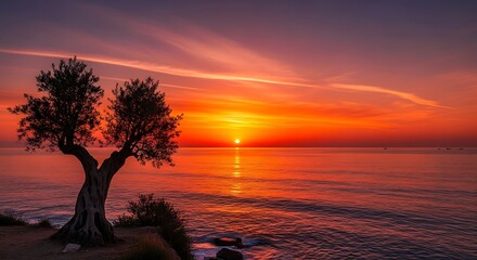 Sunset Serenity - A Tranquil Coastal Scene with Silhouetted Tree.
