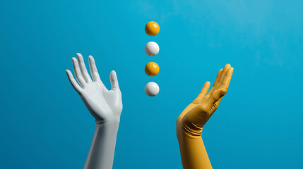 White and yellow hands juggling balls against a vibrant blue background