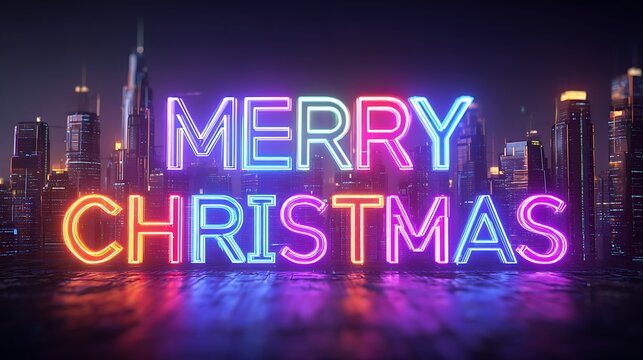 Futuristic Merry Christmas hologram text floating in neon cityscape